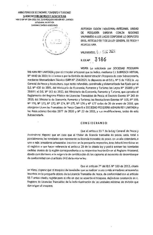 Res. Ex. N° 3186-2021 Autoriza Cesión unidad de pesquería Sardina Común, Regiones Valparaíso a Los Lagos. (Publicado en Página Web 07-12-2021)