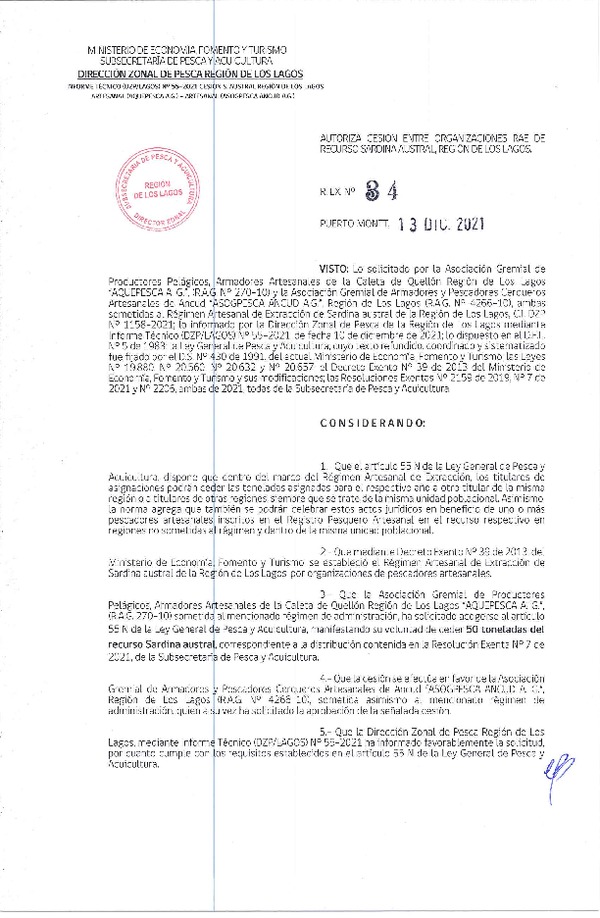 Res. Ex. 34-2021 (DZP Región de Los Lagos) Autoriza cesión sardina austral Región de Los Lagos. (Publicado en Página Web 14-12-2021)