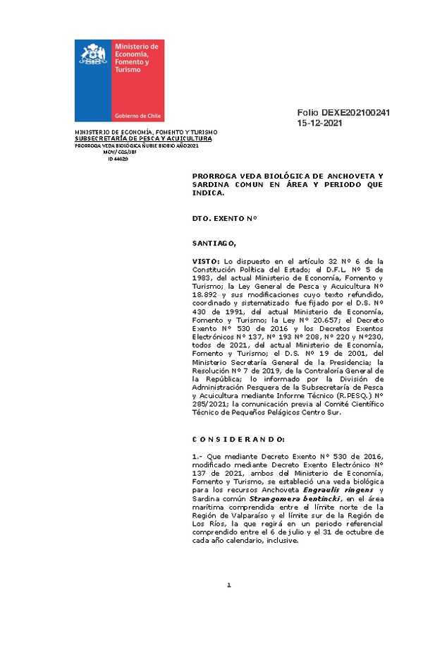 Dec. Ex. Folio N°202100241 Prorroga Veda Biológica de Anchoveta y Sardina Común, Regiones de Ñuble y del Biobío. (Publicado en Página Web 15-12-2021)