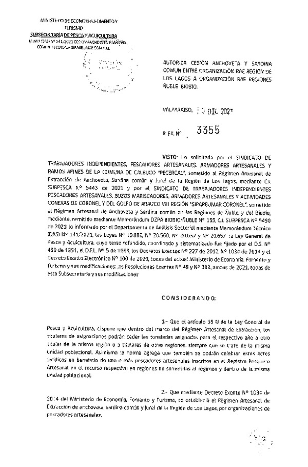 Res. Ex. N° 3355-2021 Autoriza Cesión Anchoveta y Sardina común, Región de Los Lagos a Ñuble-Biobío. (Publicado en Página Web 27-12-2021)