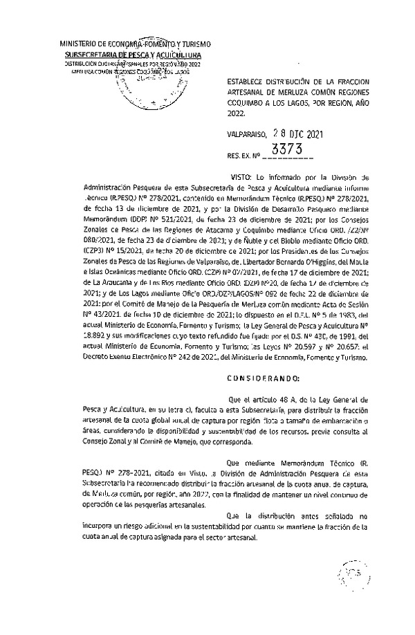 Res. Ex. N° 3373-2021 Establece Distribución de la Fracción Artesanal de Merluza Común Regiones Coquimbo a Los Lagos, por Región, Año 2022. (Publicado en Página Web 28-12-2021)