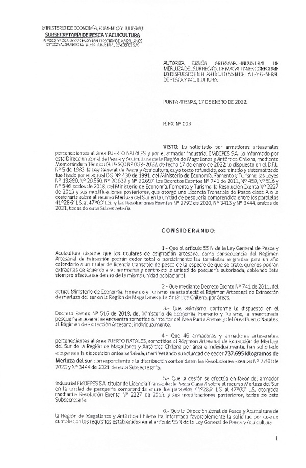 Res. Ex. N° 003-2021 (DZP Región de Magallanes) Autoriza cesión Merluza del Sur. (Publicado en Página Web 19-01-2022)