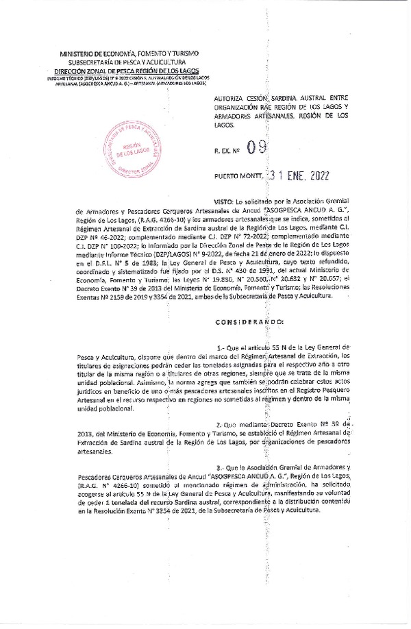 Res. Ex. 09-2022 (DZP Los Lagos) Autoriza cesión sardina austral Región de Los Lagos. (Publicado en Página Web 01-02-2022)