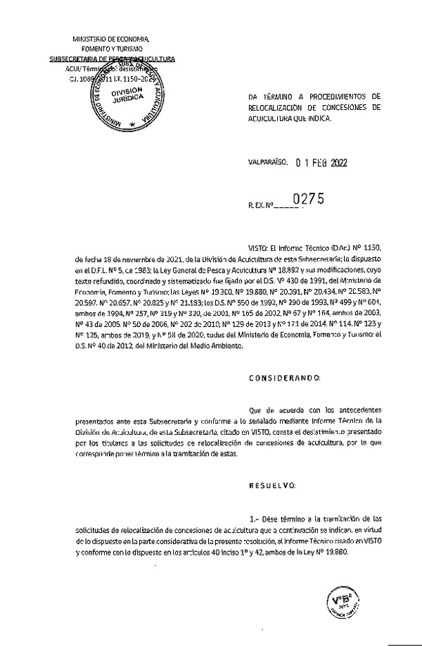 Res. Ex. N° 0275-2022 Da Termino a Procedimientos de Relocalización de Concesiones de Acuicultura que Indica. Publicado en Página Web  07-02-2022)