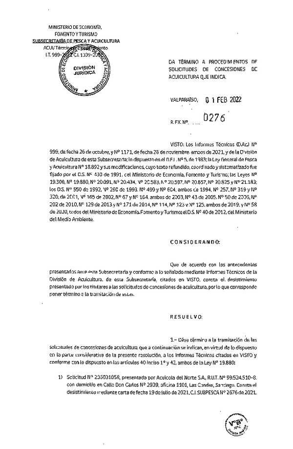Res. Ex. N° 0276-2022 Da Termino a Procedimientos de Solicitudes de Concesiones de Acuicultura que Indica. Publicado en Página Web  07-02-2022)