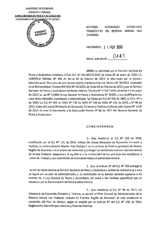 Res. Ex. N° 441-2022 Autoriza Actividades Extractiva Transitorias en Reserva Marina Isla Chañaral. (Publicado en Página Web 22-02-2022)