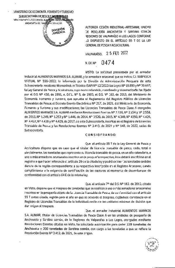 Res. Ex. N° 474-2022, Autoriza Cesión unidad de pesquería Anchoveta y Sardina Común, Regiones Valparaíso a Los Lagos. (Publicado en Página Web 25-02-2022)