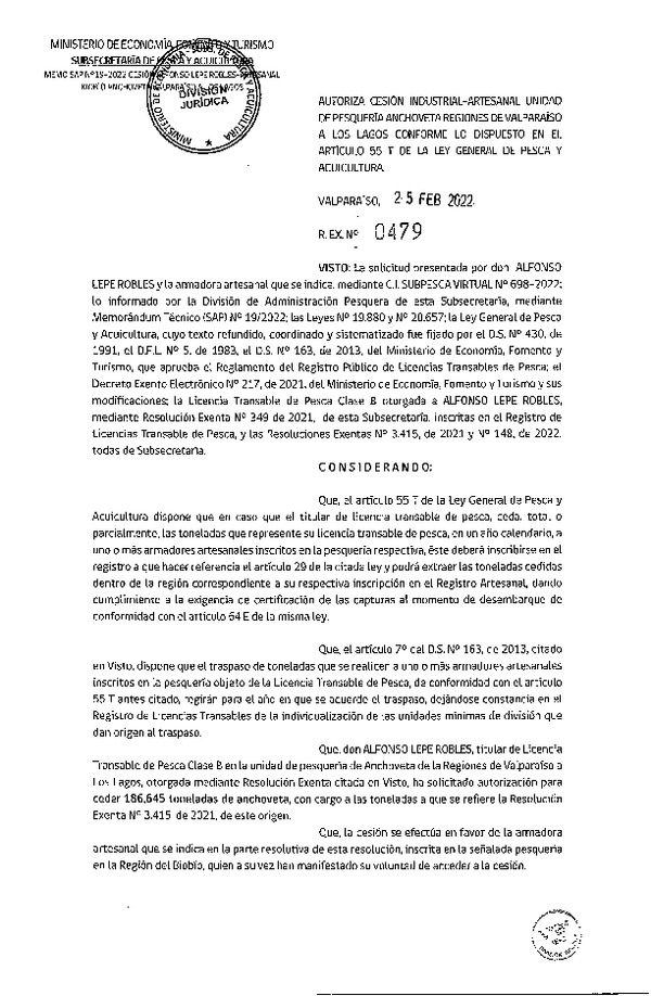 Res. Ex. N° 479-2022, Autoriza Cesión unidad de pesquería Anchoveta, Regiones Valparaíso a Los Lagos. (Publicado en Página Web 28-02-2022)