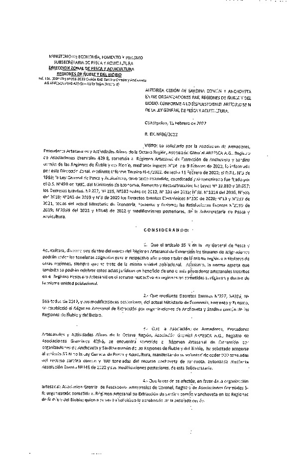 Res. Ex. N° 006-2022 (DZP Ñuble y del Biobío) Autoriza cesión Sardina común y Anchoveta.