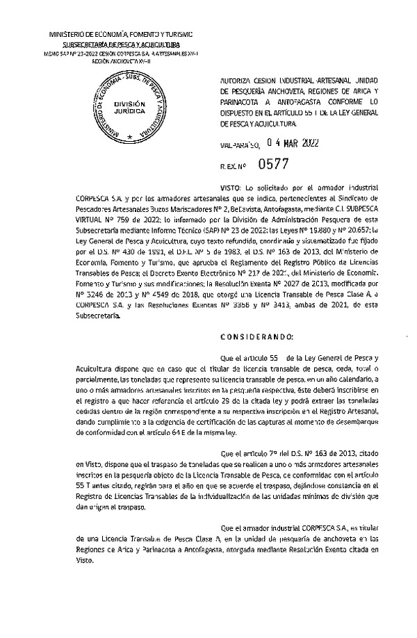 Res. Ex. N° 577-2022 Autoriza Cesión Anchoveta, Regiones de Arica y Parinacota a Región de Antofagasta. (Publicado en Página Web 04-03-2022)