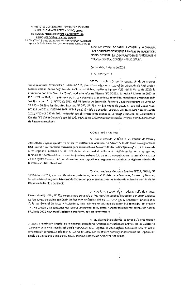 Res. Ex. N° 020-2022 (DZP Ñuble y del Biobío) Autoriza cesión Sardina común y Anchoveta. (Publicado en Página Web 09-03-2022)