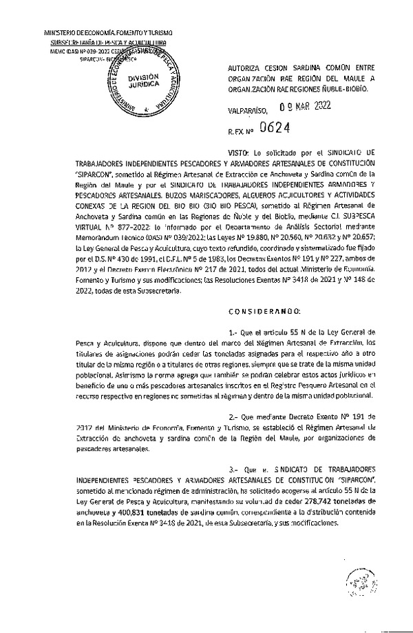 Res Ex N° 0624-2022 Autoriza cesión de pesquería Sardina Común, Regiones del Maule a Ñuble - Biobío. (Publicado en Página Web 09-03-2022).