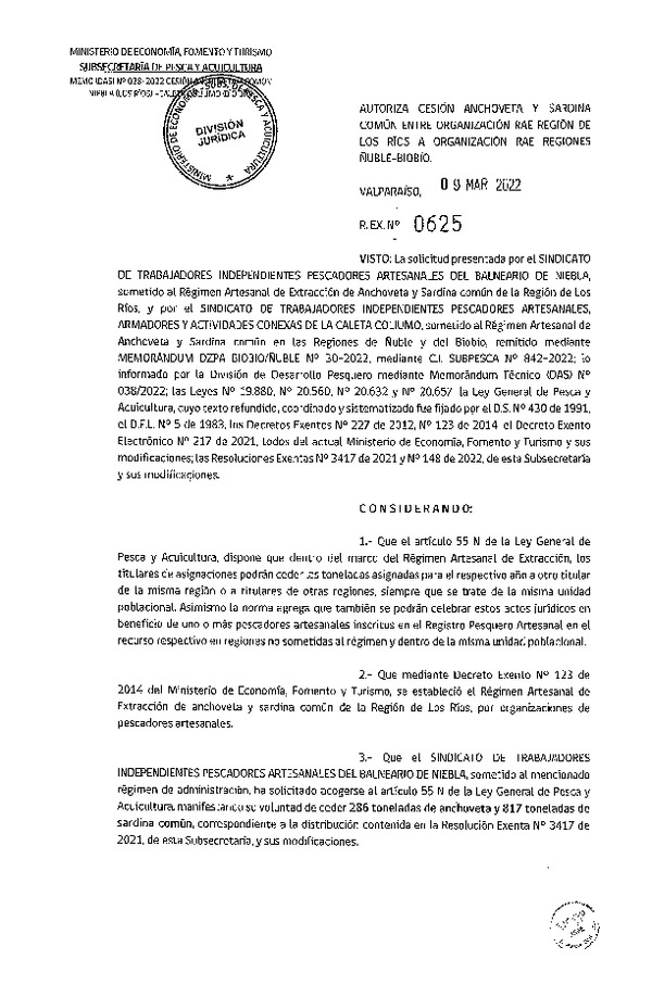 Res Ex N° 0625-2022 Autoriza cesión de pesquería de Anchoveta y Sardina Común, Regiones de Los Ríos a Ñuble - Biobío. (Publicado en Página Web 09-03-2022).