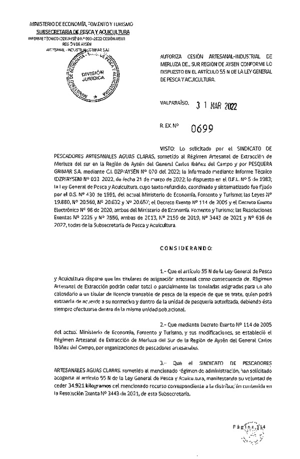 Res. Ex. N° 0699-2022 Autoriza Cesión de Merluza del Sur, Región de Aysén. (Publicado en Página Web 31-03-2022)