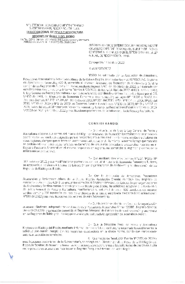 Res. Ex. N° 026-2022 (DZP Ñuble y del Biobío) Autoriza cesión Sardina común y Anchoveta. (Publicado en Página Web 18-04-2022)