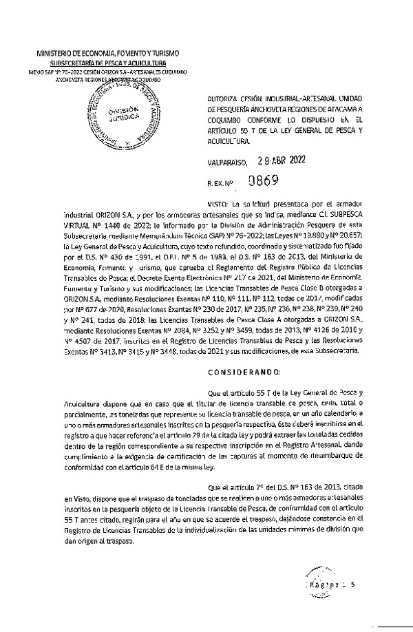 Res. Ex. N° 0869-2022, Autoriza Cesión unidad de pesquería Anchoveta, Regiones de Atacama a Coquimbo. (Publicado en Página Web 29-04-2022)