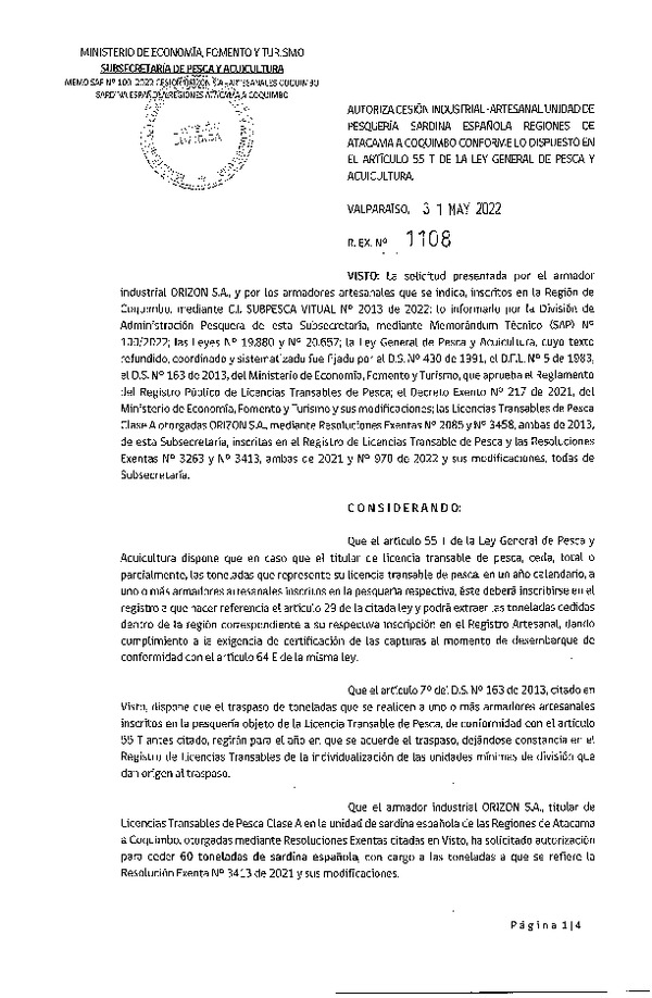 Res. Ex. N° 1108-2022 Autoriza cesión pesquería Sardina Española, Regiones de Atacama a Coquimbo. (Publicado en Página Web 01-06-2022)