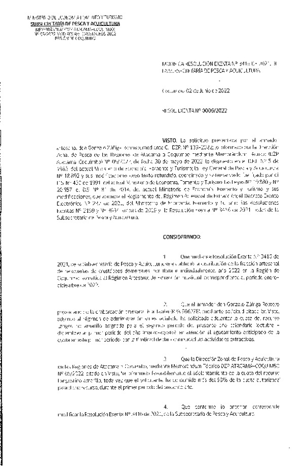 Res. Ex. N° 0006-2022 (DZP Atacama y Coquimbo) Autoriza cesión Camarón nailon, Región de Coquimbo. (Publicado en Página Web 06-06-2022)