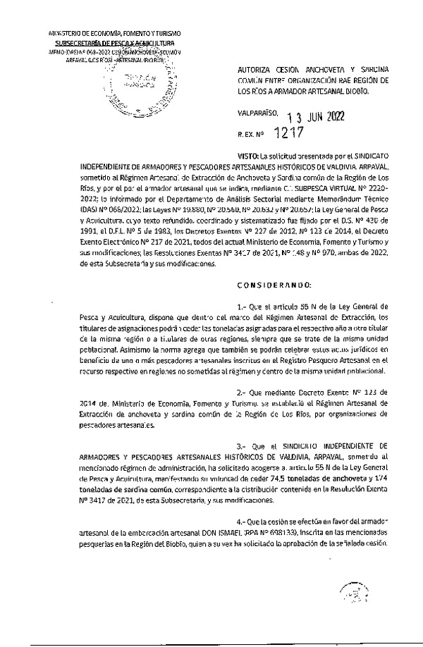 Res. Ex. N° 1217-2022 Autoriza Cesión de Anchoveta y Sardina común, Regiones de Los Ríos a Biobío. (Publicado en Página Web 14-06-2022)