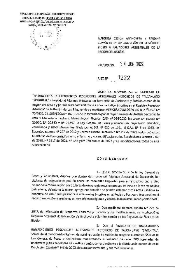 Res. Ex. N° 1222-2022 Autoriza Cesión de Anchoveta y Sardina común, Regiones del Biobío a Los Ríos. (Publicado en Página Web 15-06-2022)