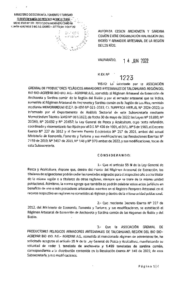 Res. Ex. N° 1223-2022 Autoriza Cesión de Anchoveta y Sardina común, Regiones del Biobío a Los Ríos. (Publicado en Página Web 15-06-2022)