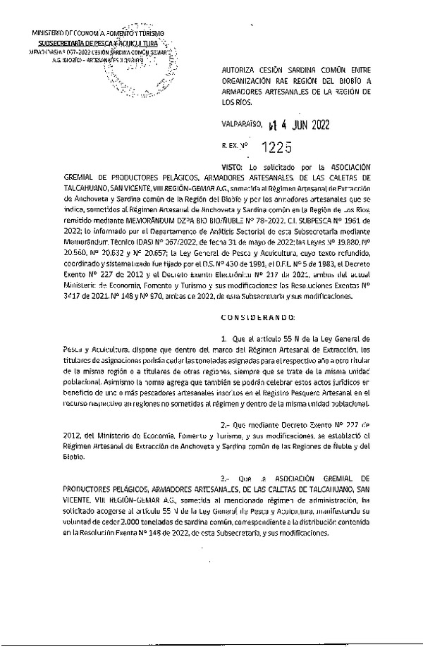 Res. Ex. N° 1225-2022 Autoriza Cesión de Sardina común, Regiones del Biobío a Los Ríos. (Publicado en Página Web 15-06-2022)
