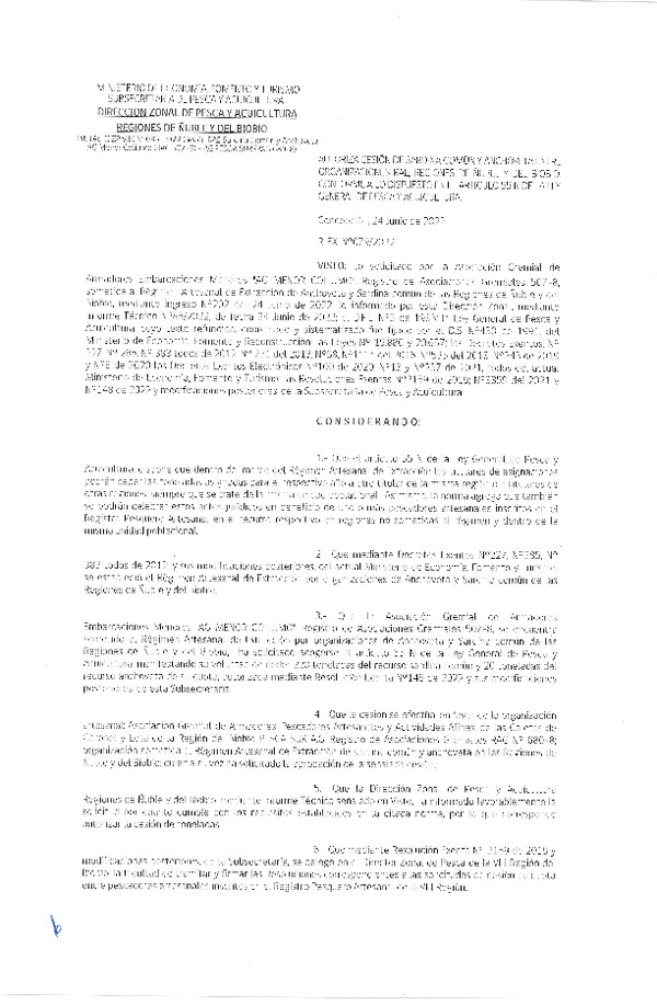 Res. Ex. N° 079-2022 (DZP Ñuble y del Biobío) Autoriza cesión Sardina común y Anchoveta. (Publicado en Página Web 24-06-2022)
