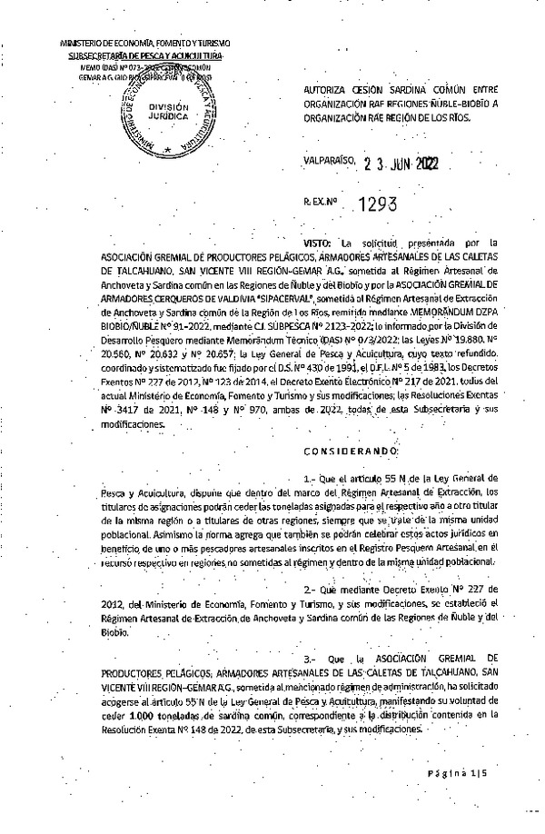 Res. Ex. N° 1293-2022 Autoriza Cesión de Sardina común, Regiones del Biobío a Los Ríos. (Publicado en Página Web 24-06-2022)