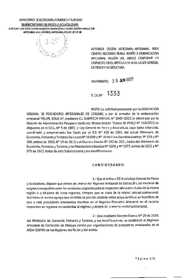Res. Ex. N° 1333-2022 Autoriza Cesión de Merluza Común, Regiones Ñuble-Biobío a Región del Maule. (Publicado en Página Web 04-07-2022)