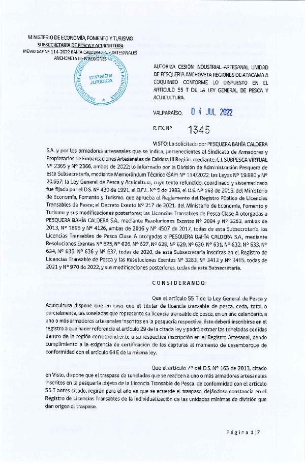 Res Ex N° 1345-2022, Autoriza Cesión de Anchoveta Regiones de Atacama a Coquimbo. (Publicado en Página Web 04-07-2022).