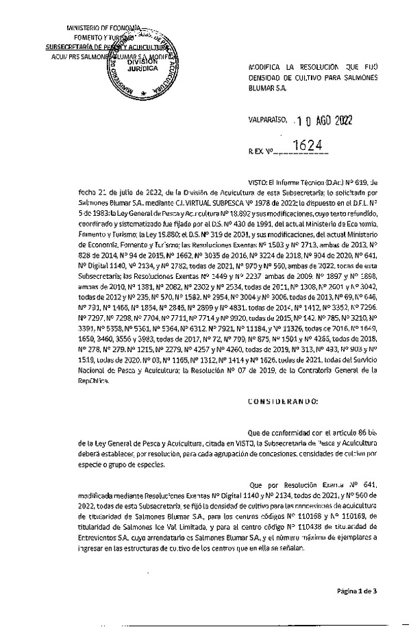 Res. Ex. N° 1624-2022 Modifica Res. Ex N° 641-2021 Fija densidad de cultivo para Salmones Blumar S.A. (Con Informe Técnico) (Publicado en Página Web 10-08-2022).