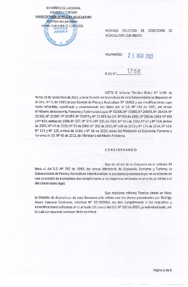 Res. Ex. N° 1766-2022 Rechaza solicitud de concesión de acuicultura que indica.
