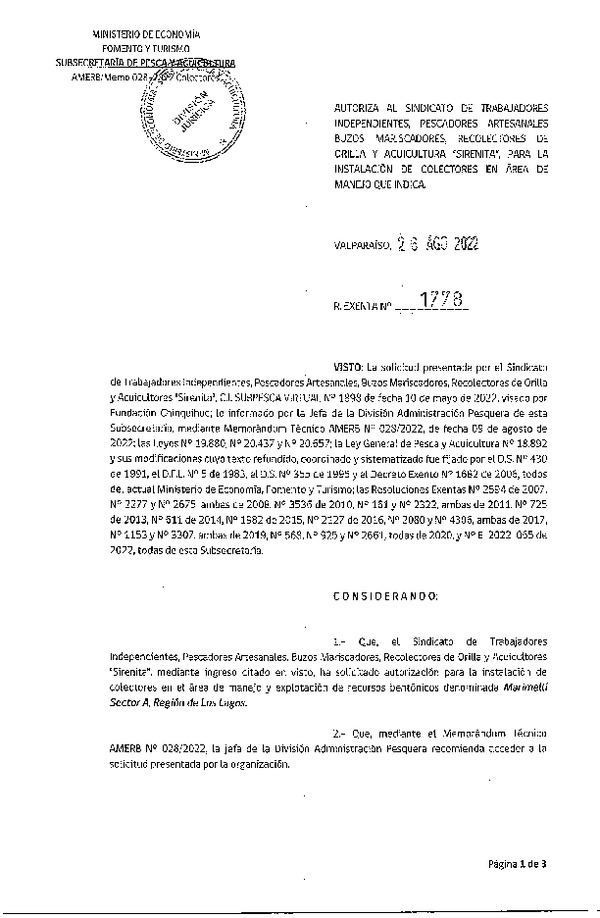 Res. Ex. N° 1778-2022 Autoriza instalación de colectores. (Publicado en Página web 30-08-2022)