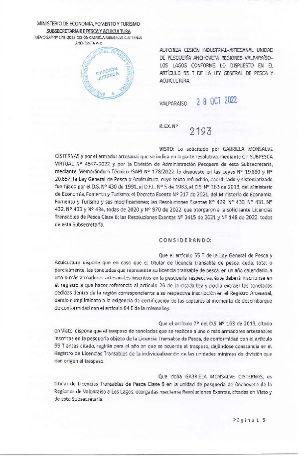 Res. Ex. N° 2193-2022, Autoriza Cesión unidad de pesquería Anchoveta y Sardina Común, Regiones Valparaíso a Los Lagos. (Publicado en Página Web 02-11-2022)