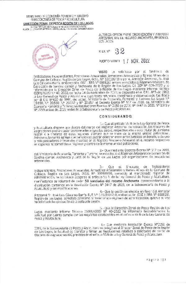 Res. Ex. N° 32-2022 (DZP Los Lagos) Autoriza cesión Anchoveta, Región de Los Lagos. (Publicado en Página Web 17-11-2022)