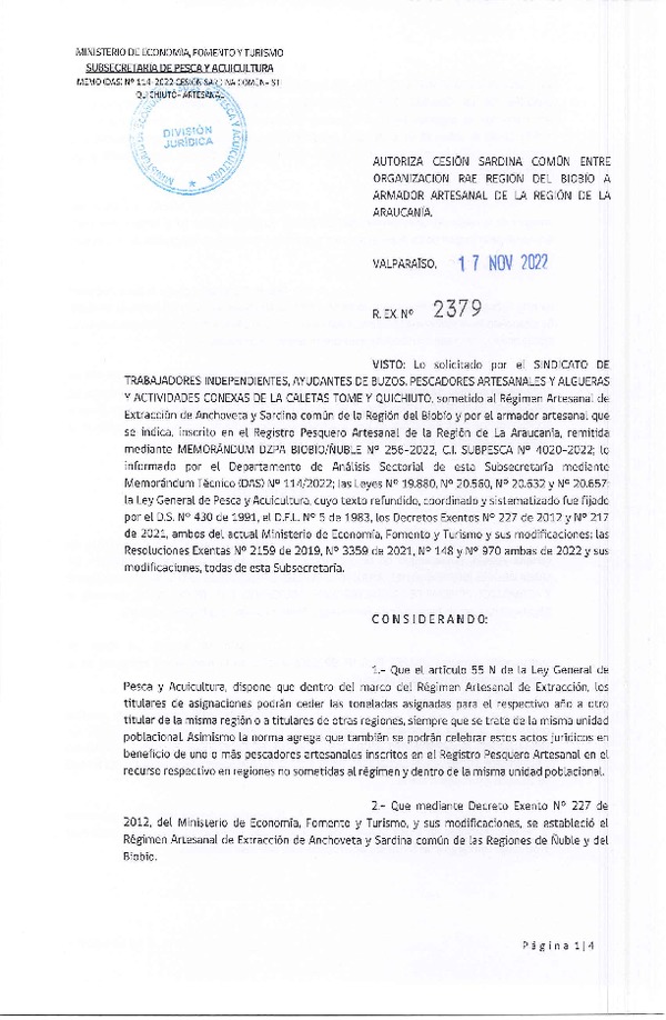 Res. Ex. N° 2379-2022 Autoriza Cesión de Sardina común, Regiones del Biobío a La Araucanía. (Publicado en Página Web 18-11-2022)