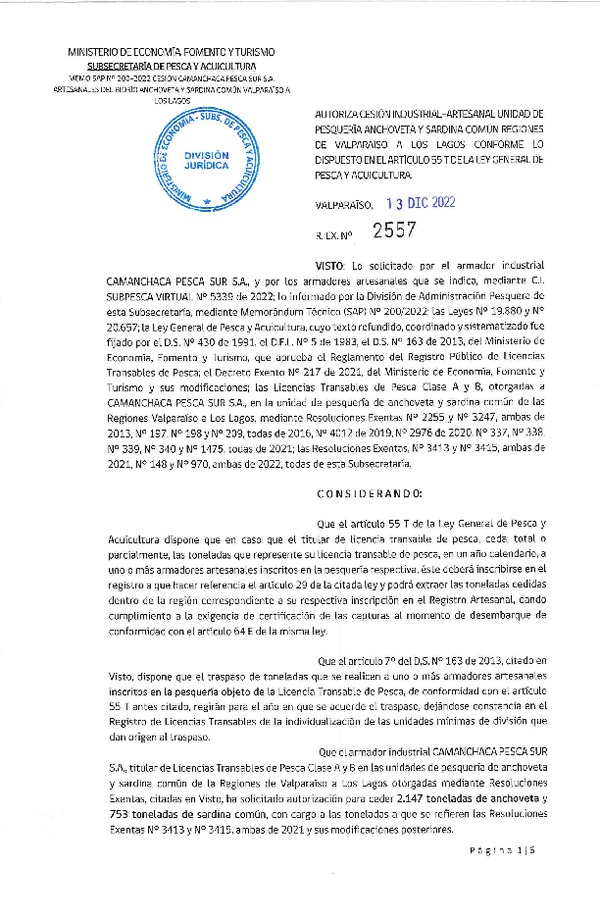 Res. Ex. N° 2557-2022, Autoriza Cesión unidad de pesquería Anchoveta y Sardina común, Regiones Valparaíso a Los Lagos. (Publicado en Página Web 15-12-2022)