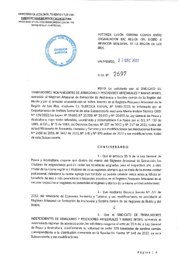 Res. Ex. N° 2697-2022 Autoriza Cesión Sardina común, Región del Biobío a Los Ríos. (Publicado en Página Web 23-12-2022)