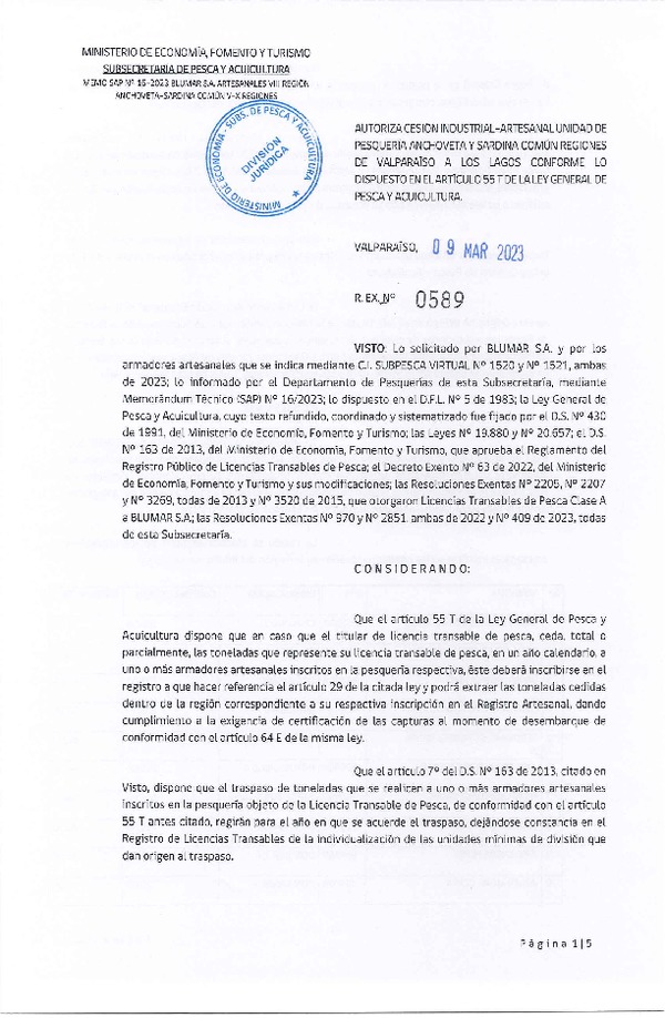 Res. Ex N° 0589-2023, Autoriza Cesión Anchoveta y Sardina Común Regiones de Valparaíso de Los Lagos. (Publicado en Página Web 10-03-2023)