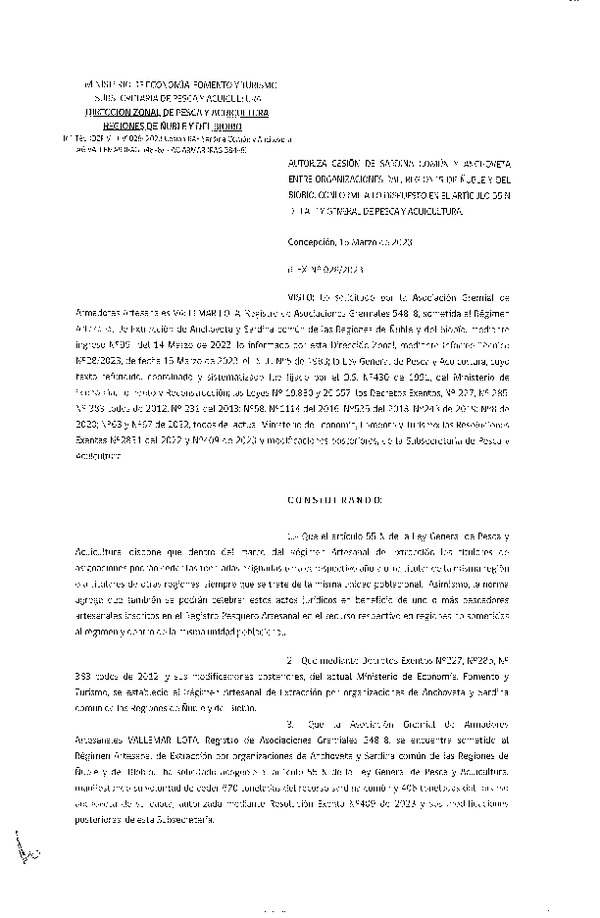Res. Ex. N° 028-2023 (DZP Ñuble y del Biobío) Autoriza cesión Sardina común y Anchoveta. (Publicado en Página Web 16-03-2023)