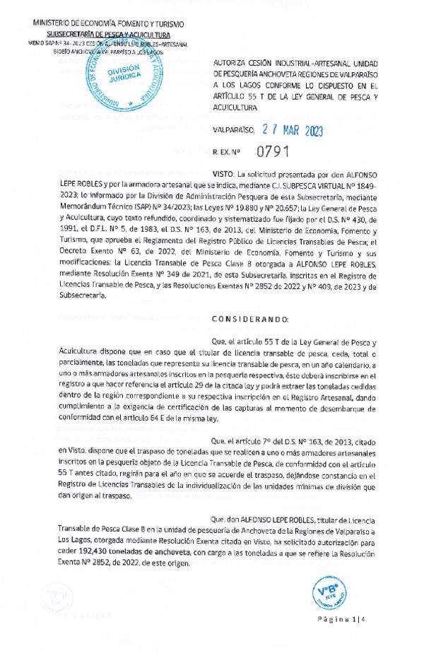 Res. Ex N° 0791-2023, Autoriza Cesión Anchoveta Regiones de Valparaíso de Los Lagos. (Publicado en Página Web 28-03-2023)