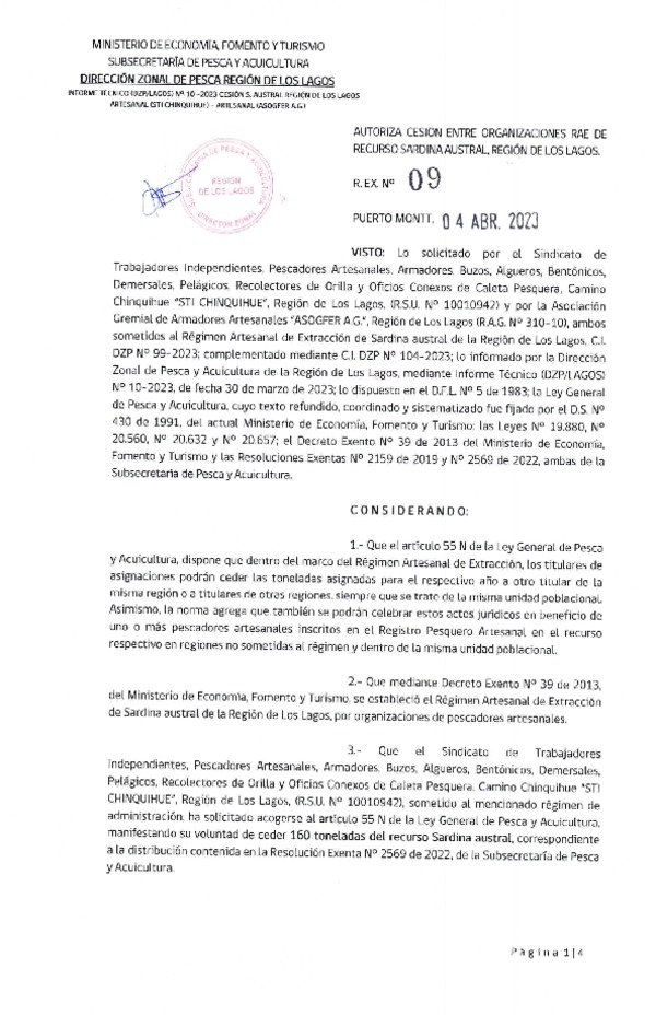 Res. Ex. N° 09-2023 (DZP Los Lagos) Autoriza cesión sardina austral Región de Los Lagos. (Publicado en Página Web 06-04-2023)