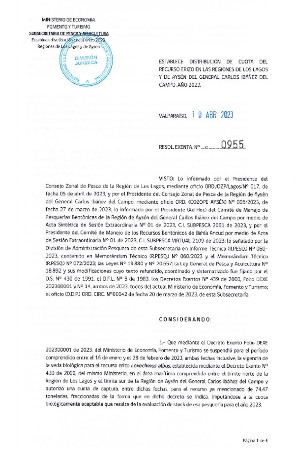 Res. Ex. N° 0955-2023 Establece Distribución de Cuota del Recurso Erizo, en las Regiones de Los Lagos y Aysén del General Carlos Ibañez del Campo, Año 2023. (Publicado en Página Web 11-04-2023)
