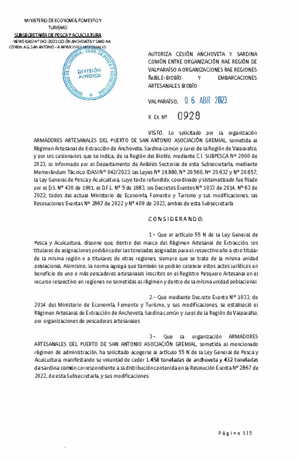 Res. Ex N° 0928-2023, Autoriza cesión Anchoveta y Sardina Común Región de Valparaíso a Ñuble-Biobío. (Publicado en Página Web 11-04-2023).