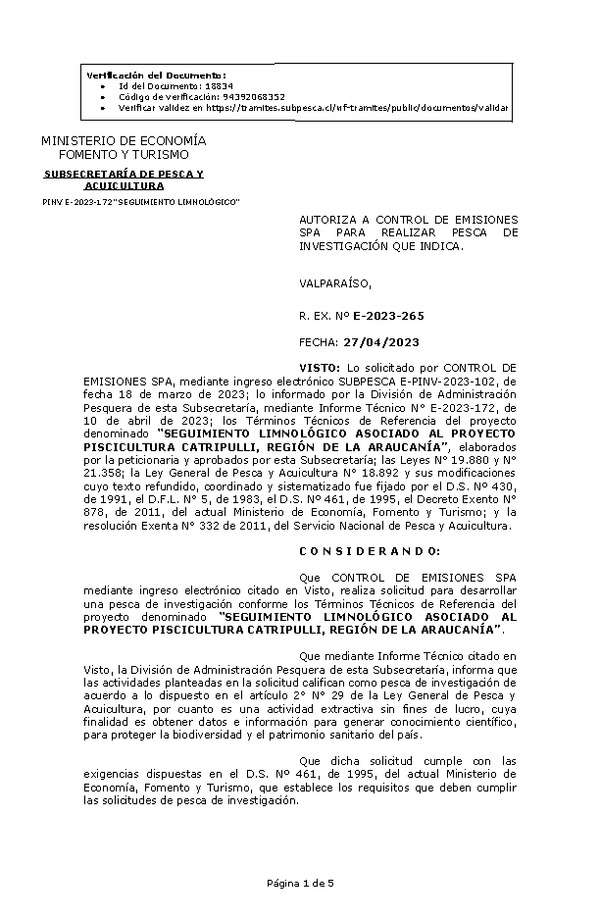 R. EX. Nº E-2023-265 AUTORIZA A CONTROL DE EMISIONES SPA PARA REALIZAR PESCA DE INVESTIGACIÓN QUE INDICA. (Publicado en Página Web 28-04-2023)