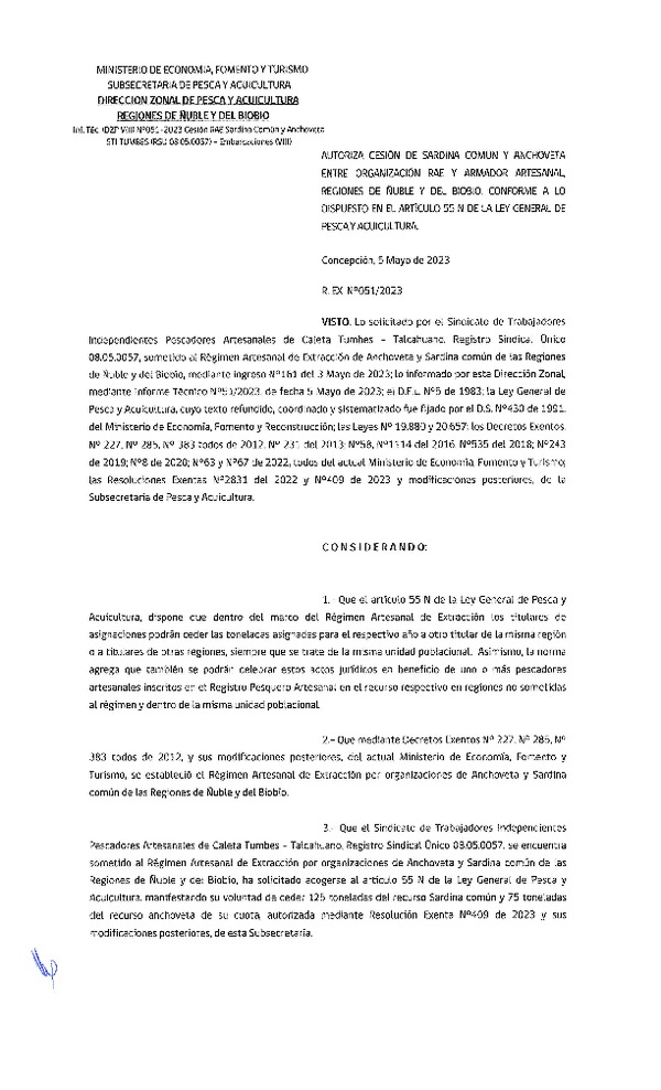 Res. Ex. N° 051-2023 (DZP Ñuble y del Biobío) Autoriza cesión Sardina común y Anchoveta. (Publicado en Página Web 05-05-2023)