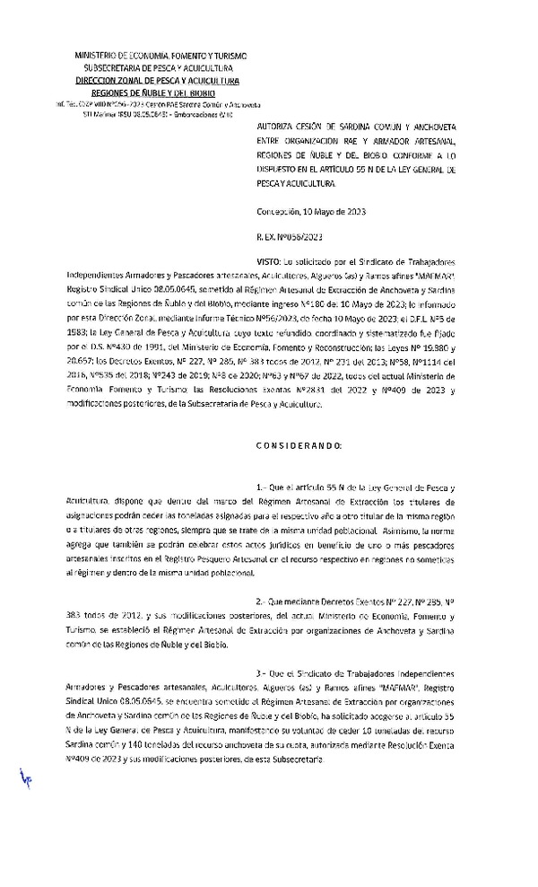Res. Ex. N° 056-2023 (DZP Ñuble y del Biobío) Autoriza cesión Sardina común y Anchoveta. (Publicado en Página Web 11-05-2023)