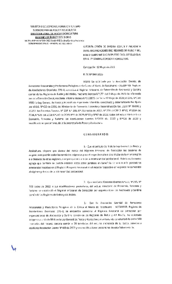 Res. Ex. N° 060-2023 (DZP Ñuble y del Biobío) Autoriza cesión Sardina común y Anchoveta. (Publicado en Página Web 15-05-2023)