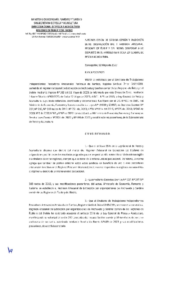 Res. Ex. N° 062-2023 (DZP Ñuble y del Biobío) Autoriza cesión Sardina común y Anchoveta. (Publicado en Página Web 15-05-2023)