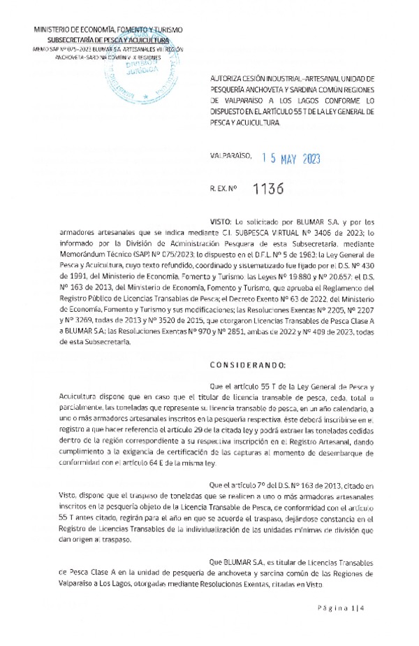 Res. Ex N° 1136-2023, Autoriza Cesión Anchoveta y Sardina Común Regiones de Valparaíso de Los Lagos. (Publicado en Página Web 15-05-2023)